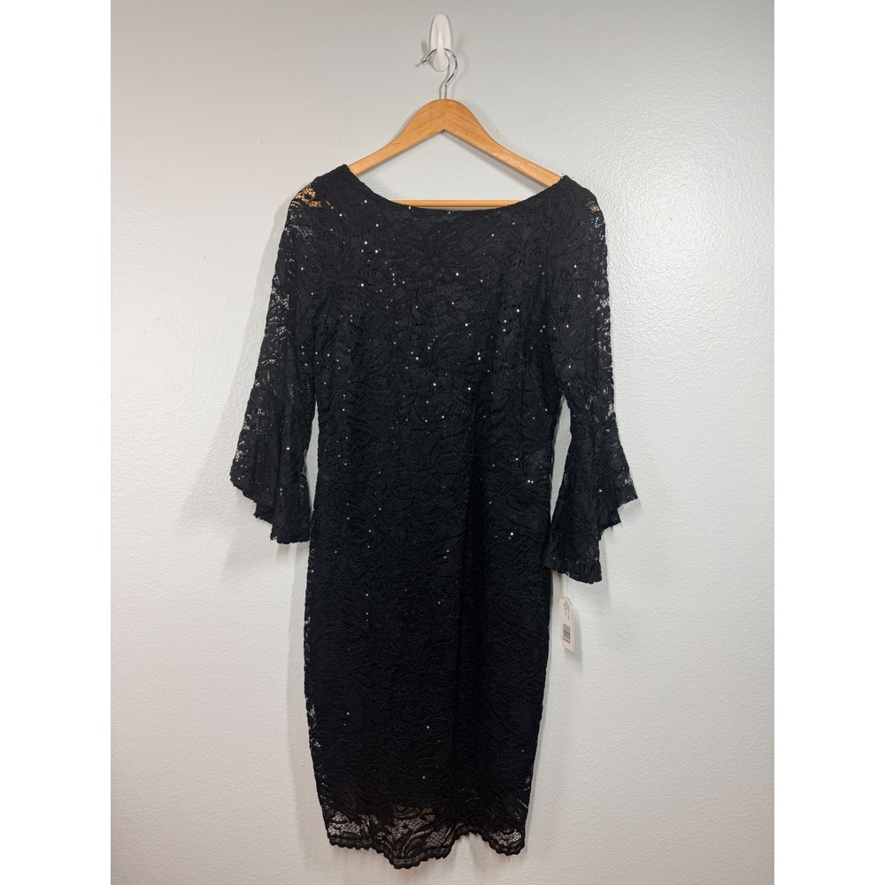 NEIMAN MARCUS Dress Women's 8 Black Lace Sequins‎ Bell Slv Sheath Cocktail NWT